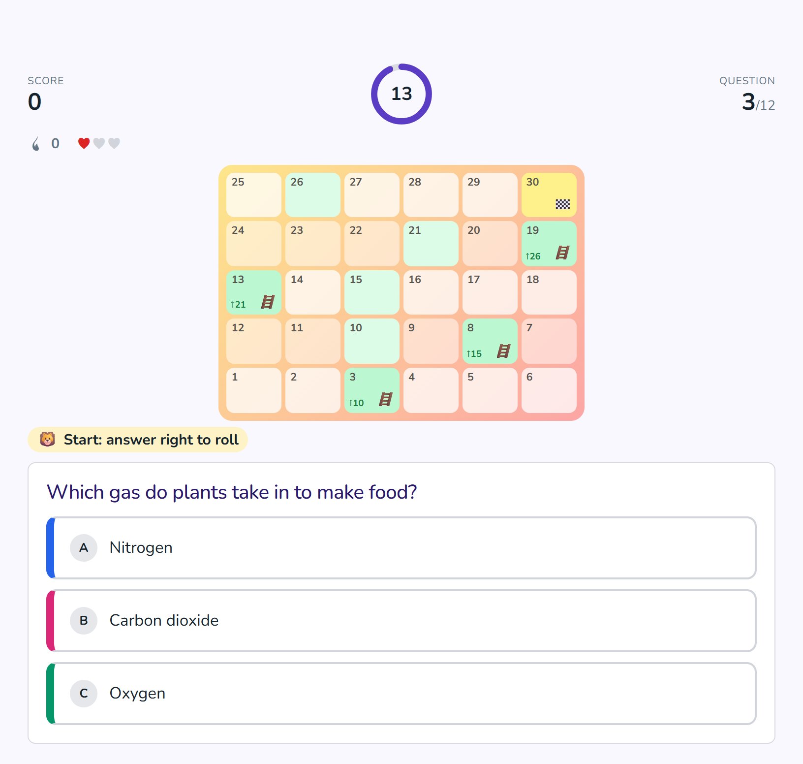 The board race game: right answers roll the dice up a board of ladders
