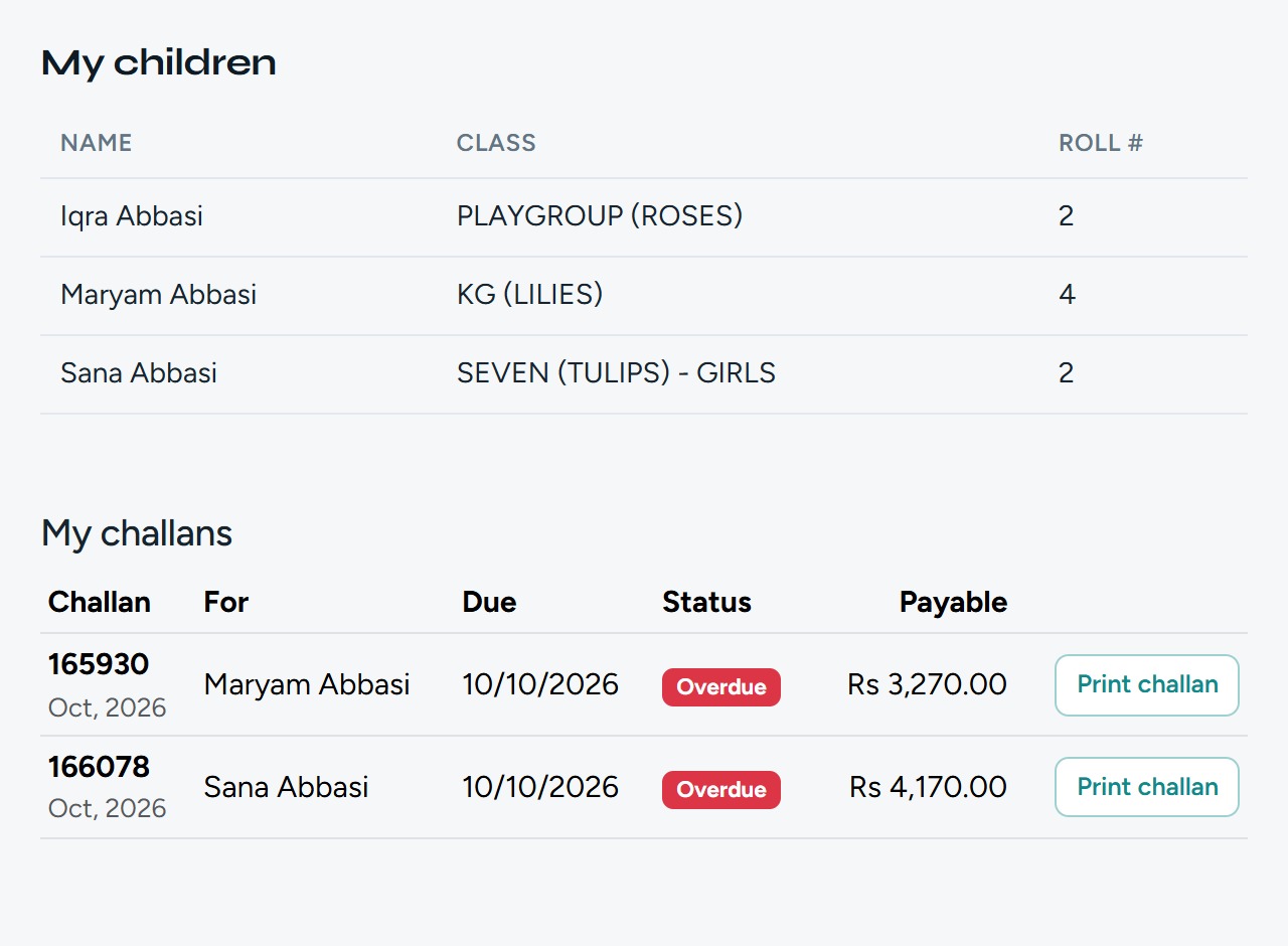 Arc's parents' portal: their children and fee challans to print or pay
