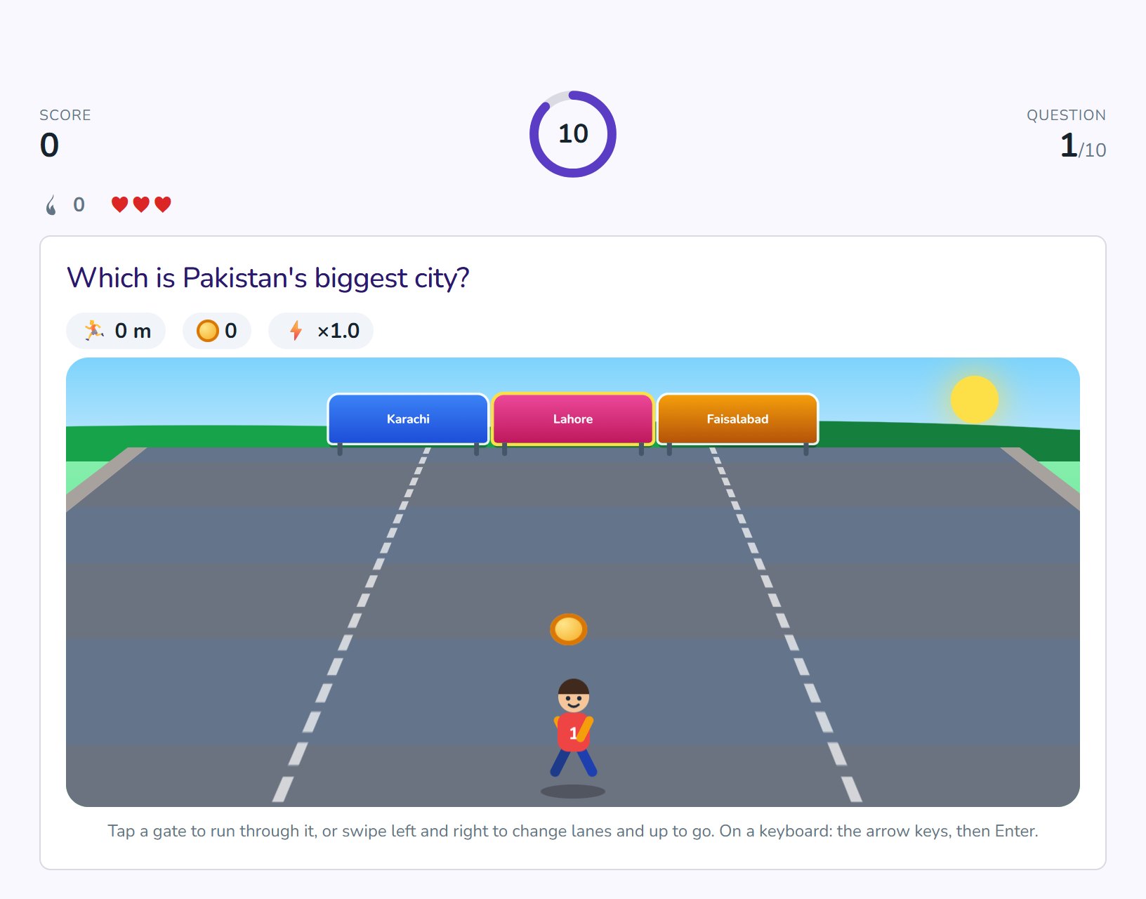 The runner game: run through the gate with the right answer