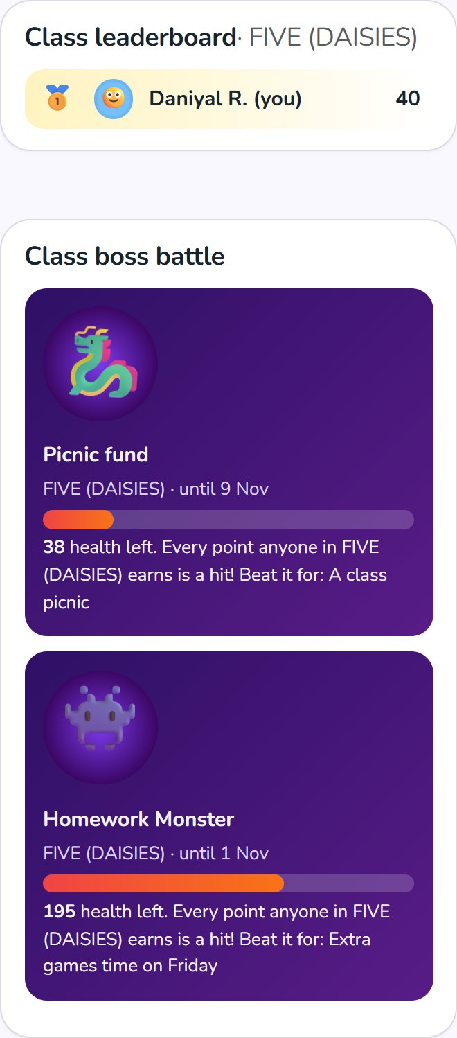 Arc's class boss battle: every point the class earns is a hit on the boss, for a reward such as a class picnic